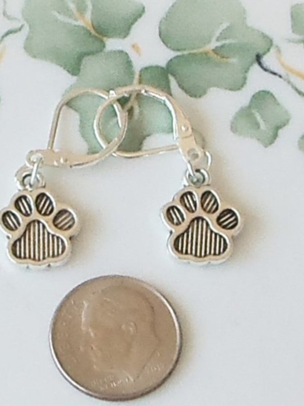 Tibetan Silver Paw Print Earrings Secure Lever Back Handmade - Picture 2 of 2